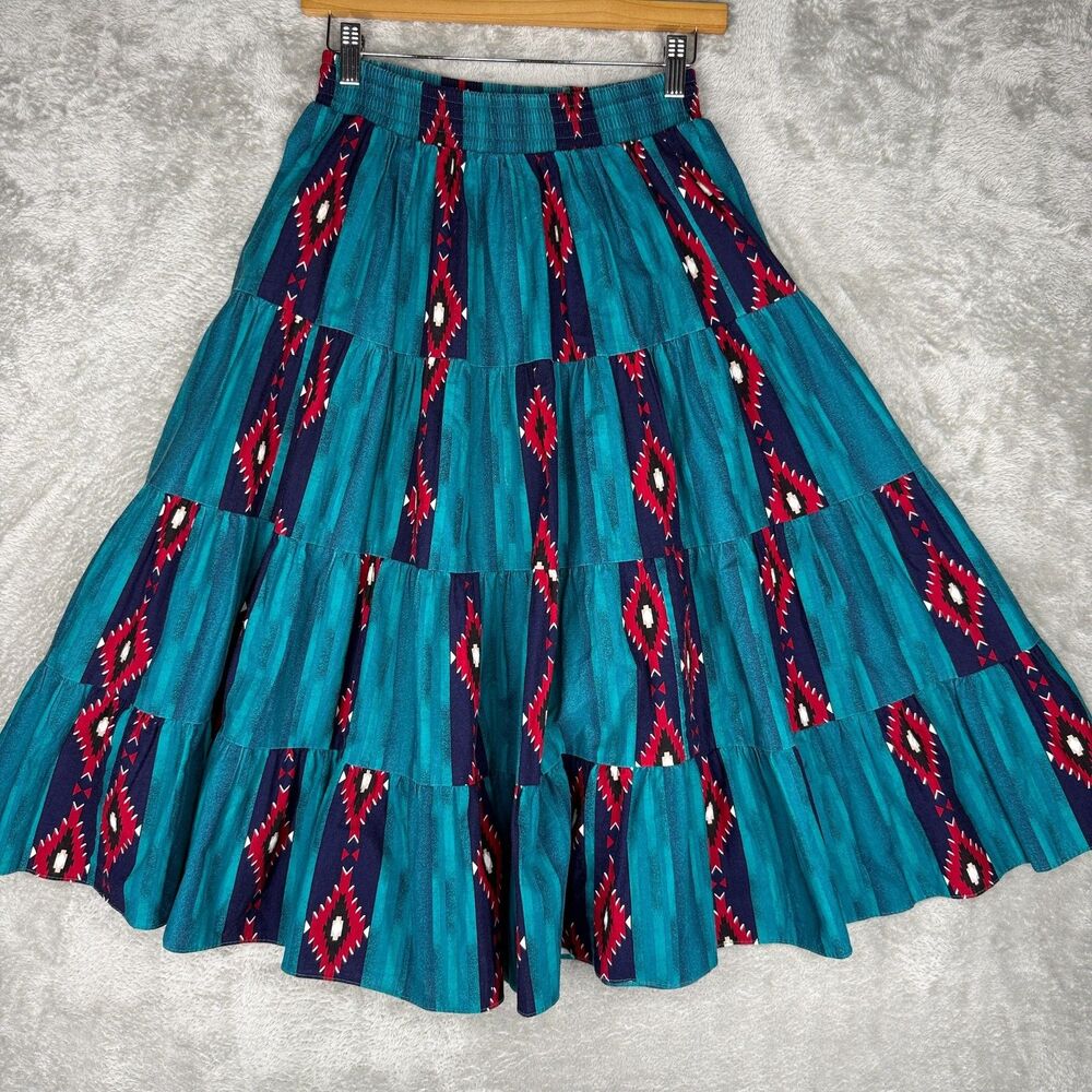 Vtg 80s Southwestern Aztec Skirt Womens Small USA Ruffle Western Rodeo Dance